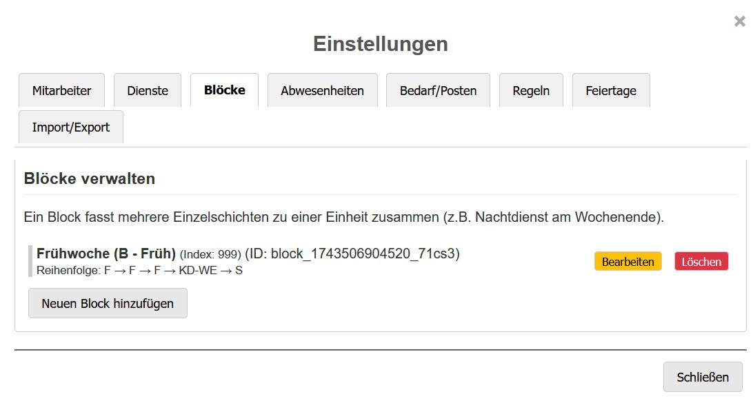 Blöcke verwalten im Dienstplaner