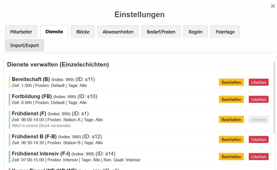 Dienste verwalten im Dienstplaner