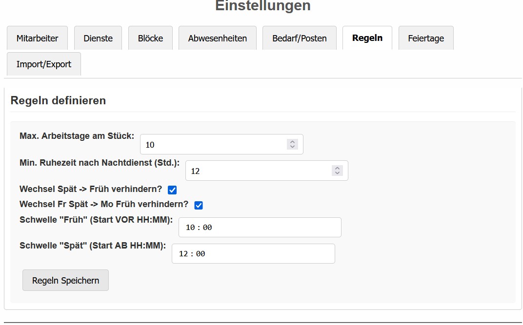 Regeln definieren im Dienstplaner